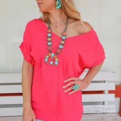 First Love Apparel Coral V-Neck Relaxed Fit Top