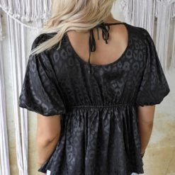 Jodifl Black Silky Leopard V-Neck Babydoll Top