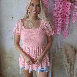 Jodifl Peach Lace Smocked Top Apparel