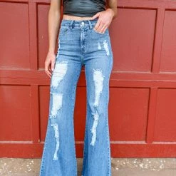 Uniq By Litz Medium Wash High Rise Distressed Flare Jeans Apparel