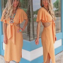 Urban Daizy Apparel Orange Cut Out Flutter Sleeve Midi Dress