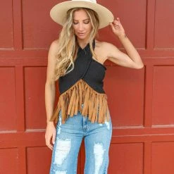 Blue Buttercup Black Ribbed Halter Top With Faux Suede Fringe