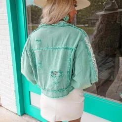 POL Jade Distressed Lace Sequin Detail Jacket