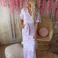 7th Ray Apparel Lilac Floral Ruffle Sleeve Maxi Dress