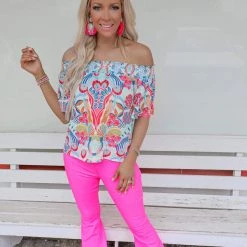 Flying Tomato Apparel Ivory Folk Print Off Shoulder Top