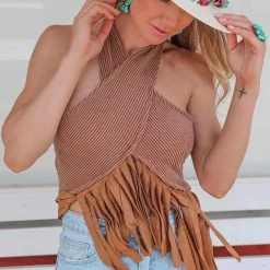 Blue Buttercup Mocha Ribbed Halter Top With Faux Suede Fringe