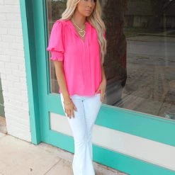 Style U Fuchsia V-Neck Puff Sleeve Blouse Apparel