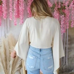 L Love Oatmeal Bell Sleeve Surplice Crop Top