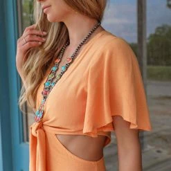 Urban Daizy Apparel Orange Cut Out Flutter Sleeve Midi Dress