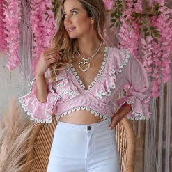 Love Is All Apparel Light Pink Tie Back Top With Lace Trim