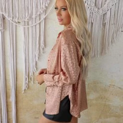 The Lace Cactus Apparel Tierney Taupe Leopard Satin Button Up Top