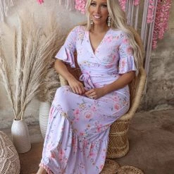 7th Ray Apparel Lilac Floral Ruffle Sleeve Maxi Dress