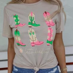 Gildan (Prickly Pear TX) Beige "Let's Kick It" Boots Graphic Tee Apparel