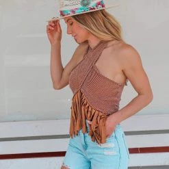 Blue Buttercup Mocha Ribbed Halter Top With Faux Suede Fringe