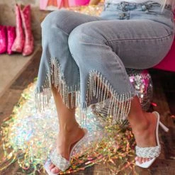 Blue B Light Wash Rhinestone Fringe Hem Jeans