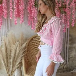 Love Is All Apparel Light Pink Tie Back Top With Lace Trim
