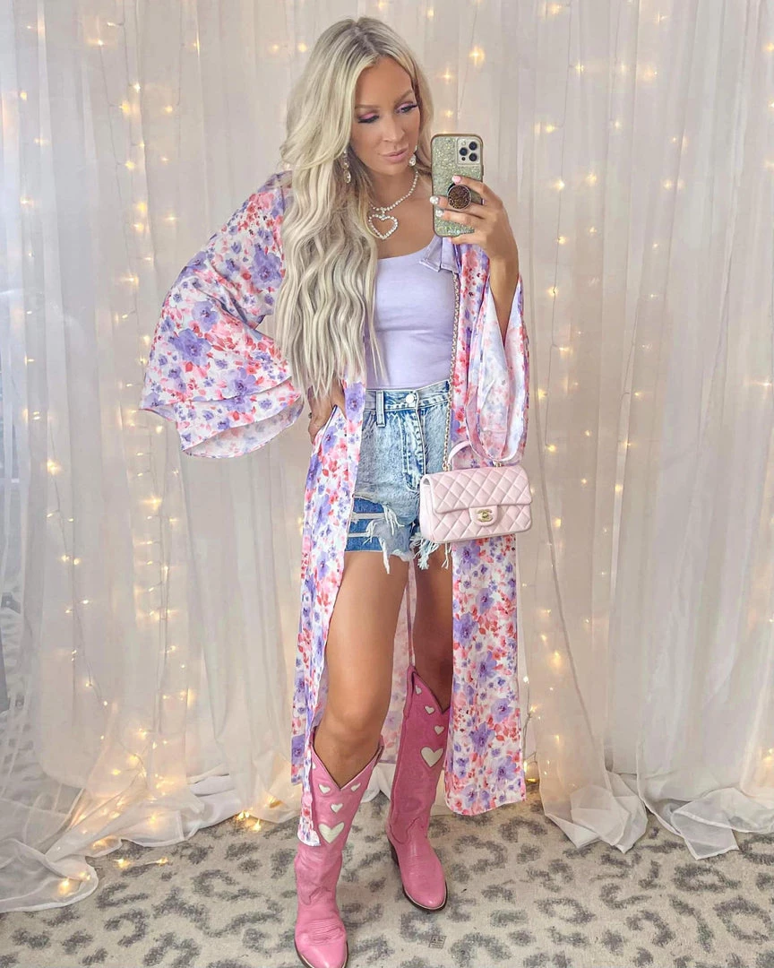 Peach Love Apparel Painted Floral Ruffle Sleeve Duster