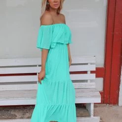 Main Strip Apparel Jade Off Shoulder Swiss Dot Maxi Dress