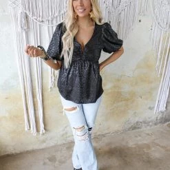Jodifl Black Silky Leopard V-Neck Babydoll Top