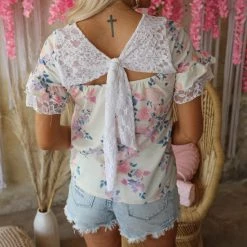 Bibi White Floral And Lace Tie Back Top