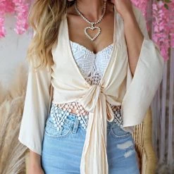 L Love Oatmeal Bell Sleeve Surplice Crop Top