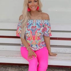 Flying Tomato Apparel Ivory Folk Print Off Shoulder Top