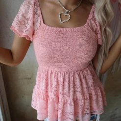 Jodifl Peach Lace Smocked Top Apparel