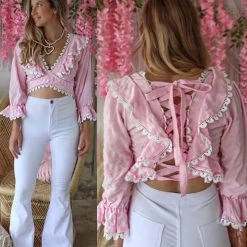 Love Is All Apparel Light Pink Tie Back Top With Lace Trim