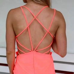 Day + Night Neon Coral Low Cut Cage Back Dress
