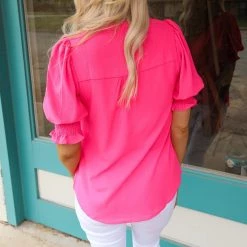 Style U Fuchsia V-Neck Puff Sleeve Blouse Apparel
