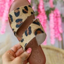 Naughty Monkey Tan Leopard Print Double Strap Slide On Sandals Apparel
