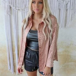 The Lace Cactus Apparel Tierney Taupe Leopard Satin Button Up Top