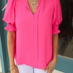 Style U Fuchsia V-Neck Puff Sleeve Blouse Apparel