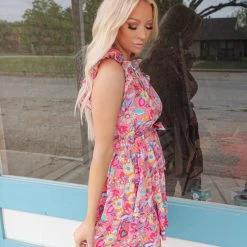 Jodifl Apparel Pink Floral Sleeveless Tie Waist Dress