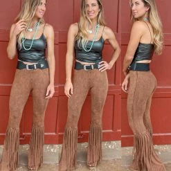 Blue Buttercup Camel Mineral Wash Fringe Flare Pants