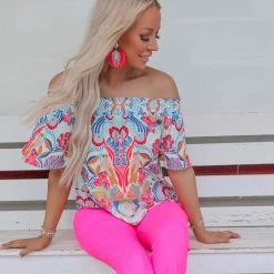 Flying Tomato Apparel Ivory Folk Print Off Shoulder Top