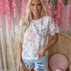 Bibi White Floral And Lace Tie Back Top