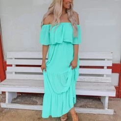 Main Strip Apparel Jade Off Shoulder Swiss Dot Maxi Dress