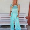 Veveret Apparel Maizy Mint Striped Ruffle Jumpsuit