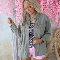 Be Cool Apparel Olive Button Down Long Sleeve Top