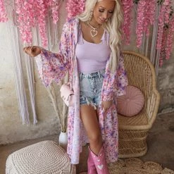 Peach Love Apparel Painted Floral Ruffle Sleeve Duster