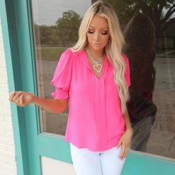 Style U Fuchsia V-Neck Puff Sleeve Blouse Apparel