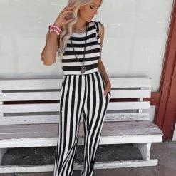 Veveret Elena Black Striped Ruffled Jumpsuit