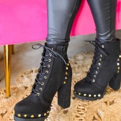 Wild Diva Lounge Black And Boujee Abby Black Studded Boots