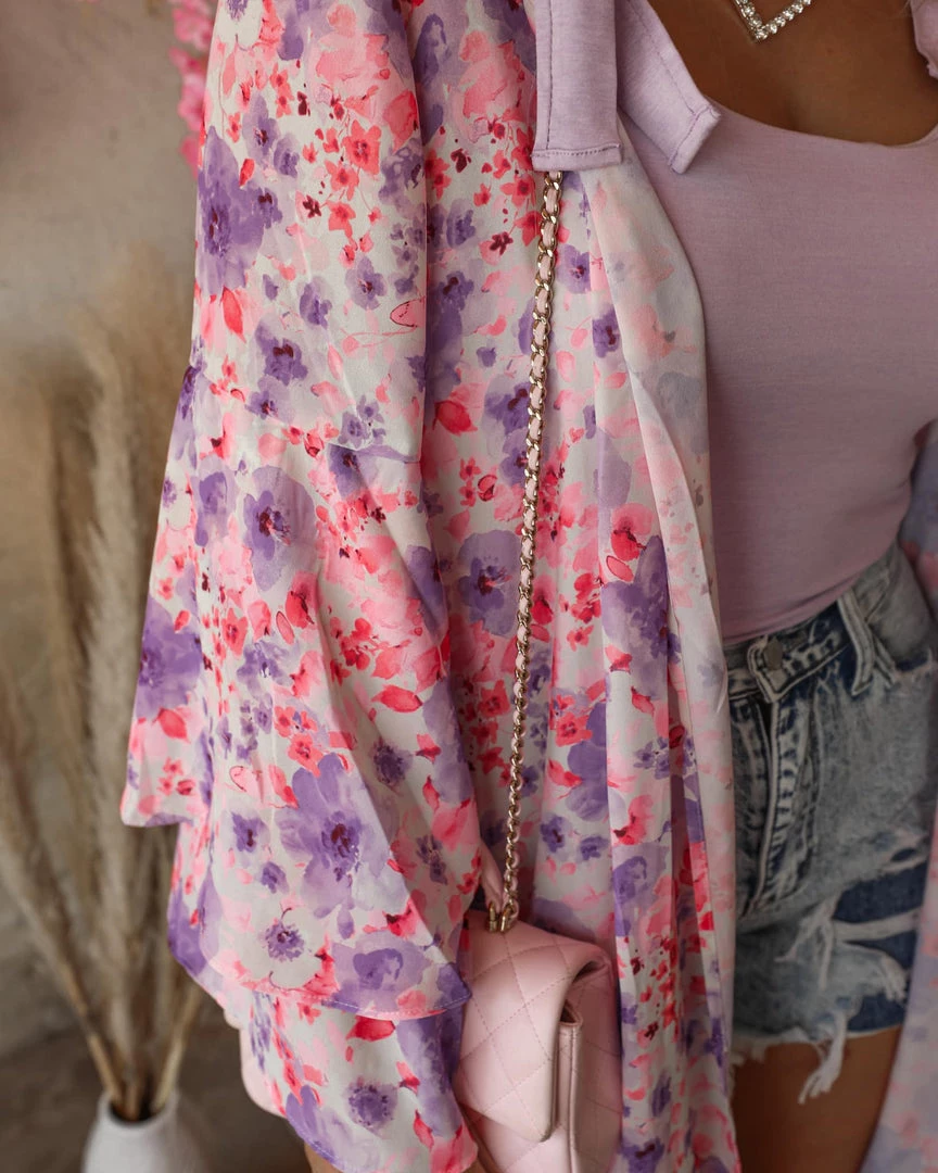 Peach Love Apparel Painted Floral Ruffle Sleeve Duster