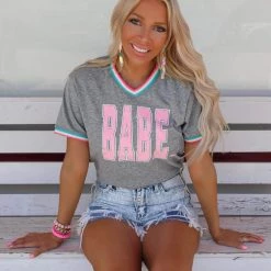 Jadelyn Brooke Gray Retro "BABE" Graphic Tee