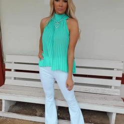 Blue Buttercup Turquoise Pleated Chiffon Flowy Tank