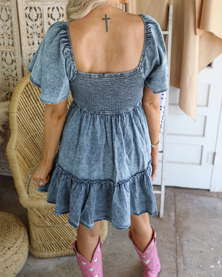 Flying Tomato Brylie Smocked Bodice Denim Dress
