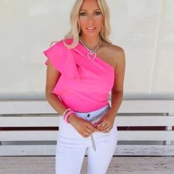 Glam Best Sellers Heather Hot Pink One Shoulder Top