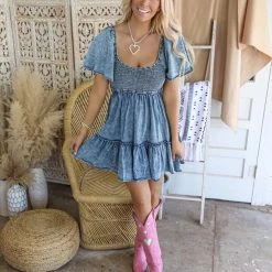 Flying Tomato Brylie Smocked Bodice Denim Dress